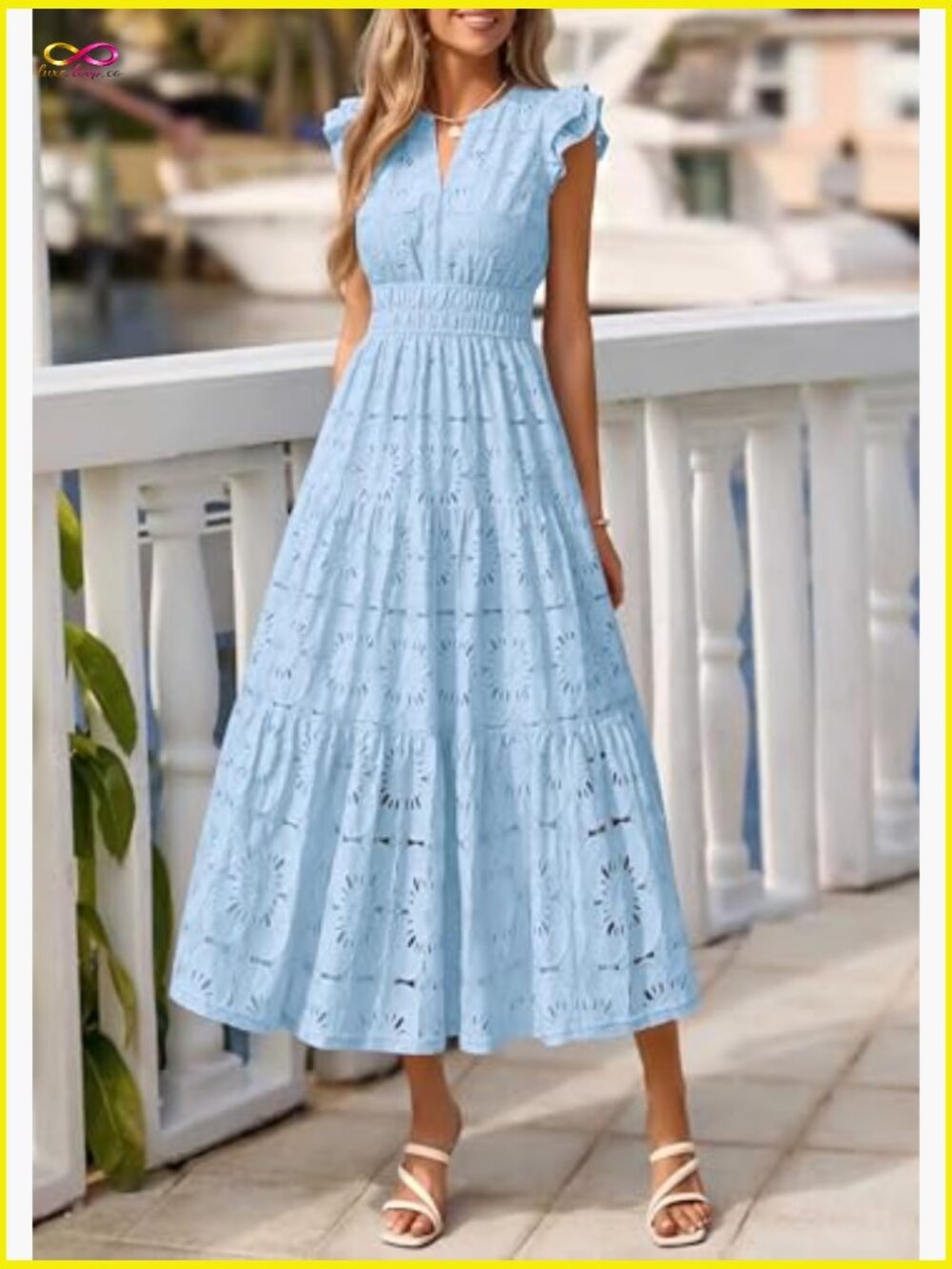 Boho Maxi Dress V Neck Eyelet Lace Tiered Flowy Wedding Guest Summer - Picture 2 of 7